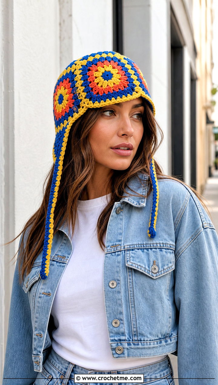 Granny Square Crochet Flap Hat With Denim Jacket - 30 crochet flap hat outfit ideas