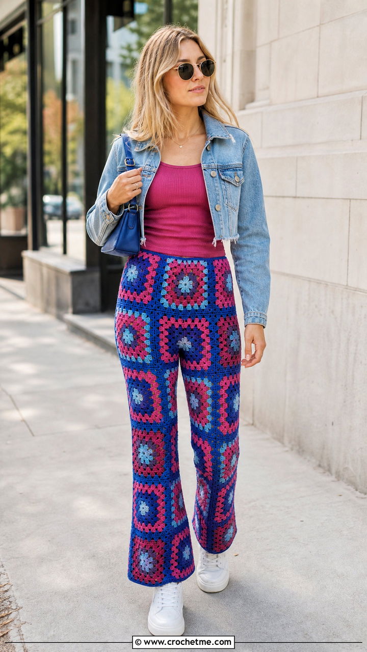 Granny Square Crochet Flare Pants With Denim Jacket - 35 crochet flare pants outfit ideas