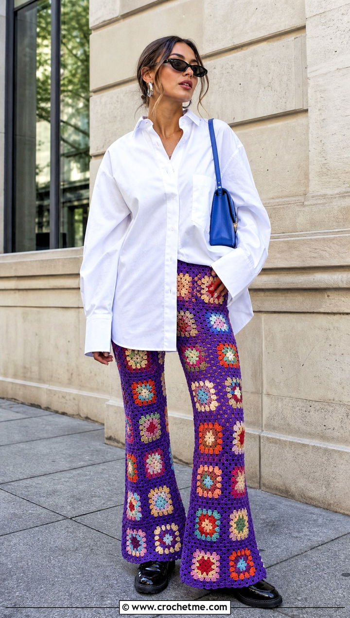 Granny Square Crochet Flare Pants With White Shirt - 25 crochet flair pants outfit ideas