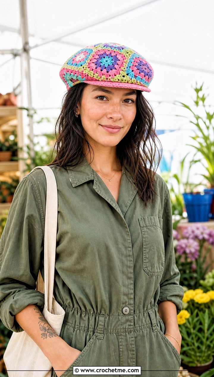 Granny Square Crochet Flat Cap With Utility Jumpsuit - 25 crochet flat cap outfit ideas