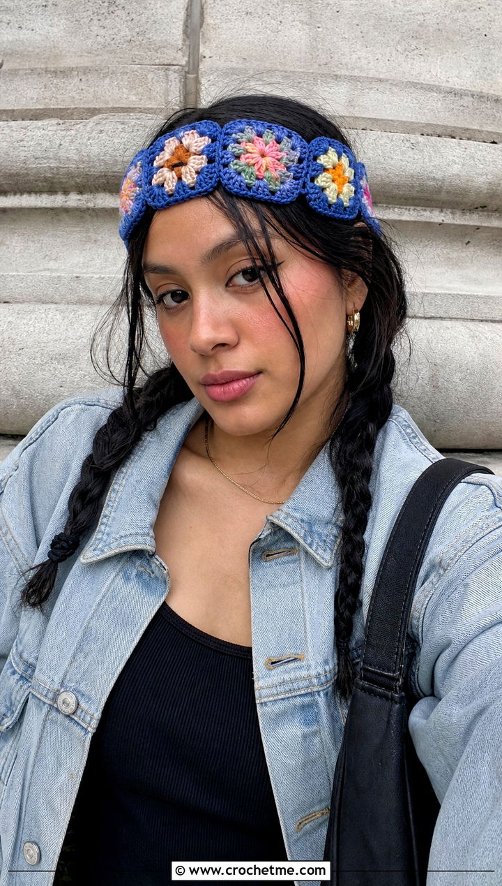 Granny Square Crochet Flower Crown Headband With Denim Jacket - 25 crochet flower crown headband outfit ideas