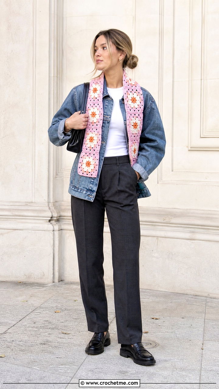 Granny Square Crochet Flower Scarf With Denim Jacket And Trousers - 35 crochet flower scarf outfit ideas