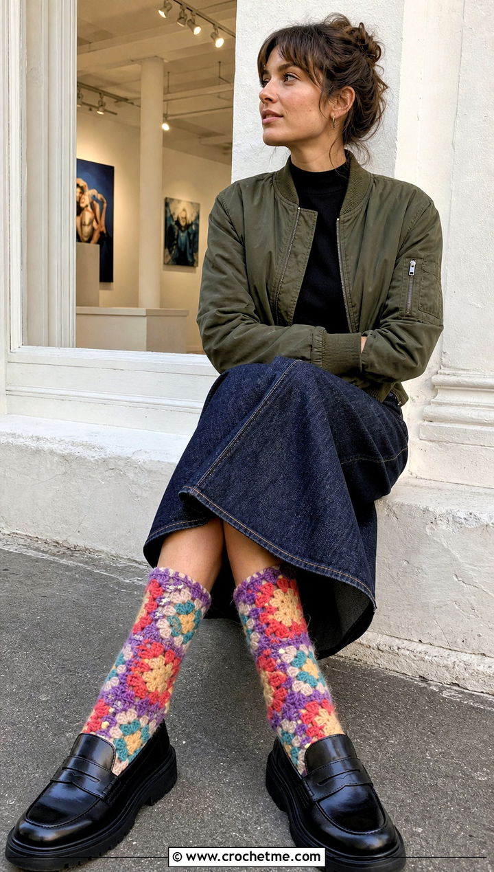 Granny Square Crochet Fluffy Socks With Denim Skirt - 25 Crochet Fluffy Socks outfit ideas