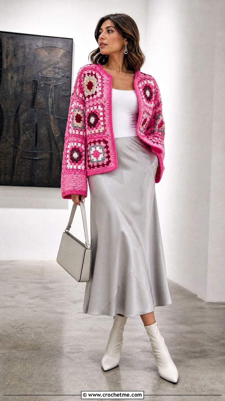 Granny Square Crochet Folklore Cardigan With Satin Midi Skirt - 35 crochet folklore cardigan outfit ideas