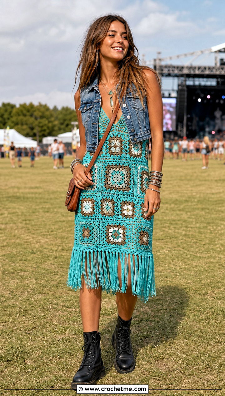 Granny Square Crochet Fringe Dress With Denim Vest - 25 Granny Square Crochet Dress outfit ideas