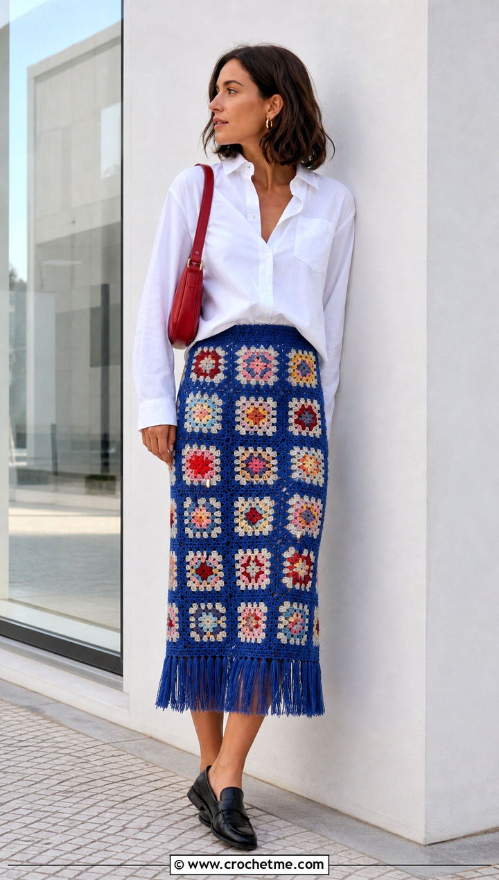 Granny Square Crochet Fringe Midi Skirt With White Shirt - 15 Crochet Fringe Skirt outfit ideas