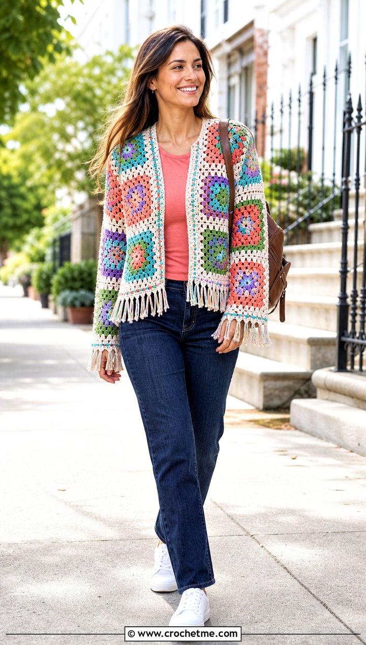 Granny Square Crochet Fringe Sweater With Straight Leg Jeans - 20 Crochet Fringe Sweater outfit ideas