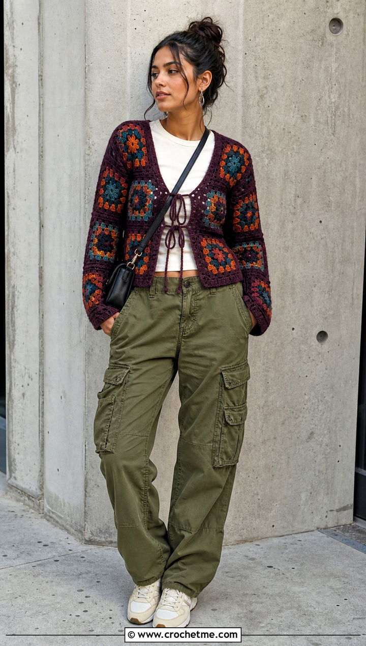 Granny Square Crochet Front Tie Cardigan With Cargo Pants - 15 crochet front tie cardigan outfit ideas