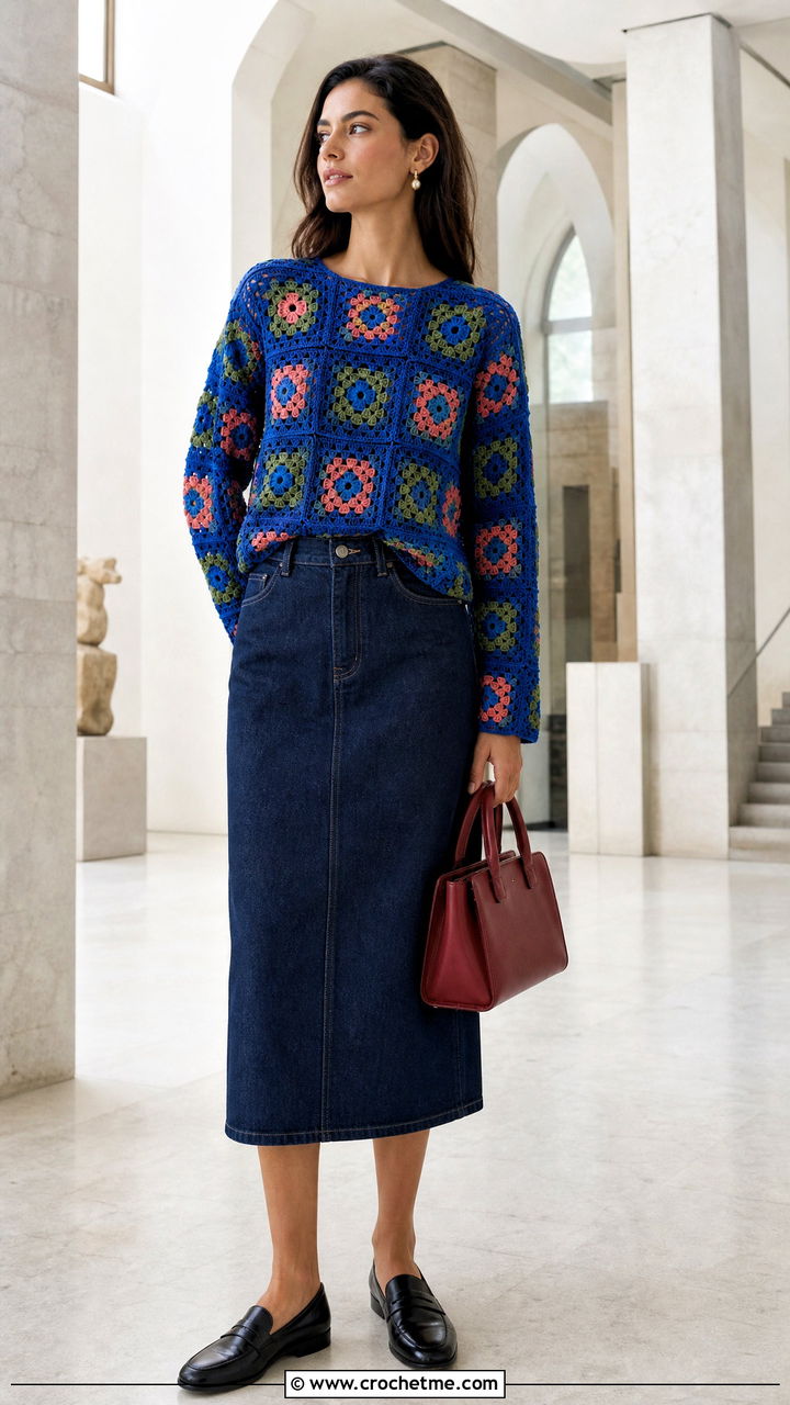 Granny Square Crochet Full Sleeve Top With Denim Midi Skirt - 35 crochet full sleeve top outfit ideas