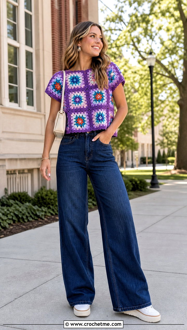 Granny Square Crochet Game Day Top With Wide Leg Jeans - 25 Crochet Game Day Top outfit ideas