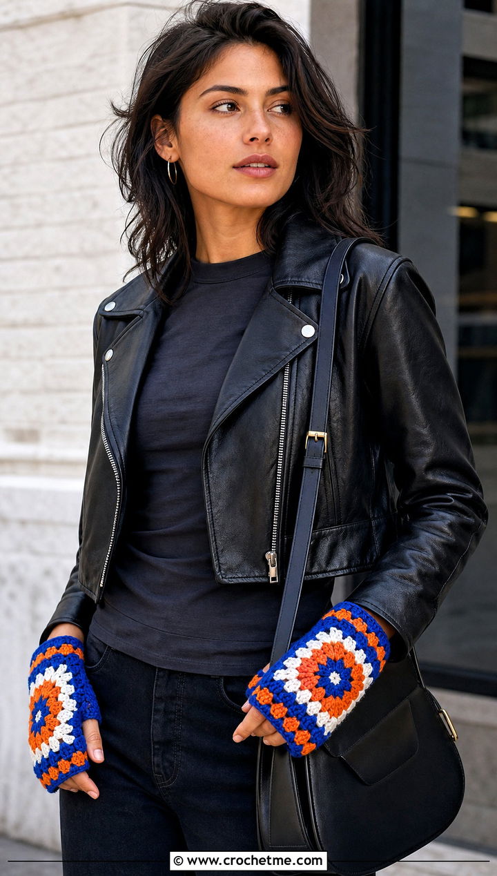 Granny Square Crochet Gloves With Leather Jacket - 35 crochet gloves fingers outfit ideas
