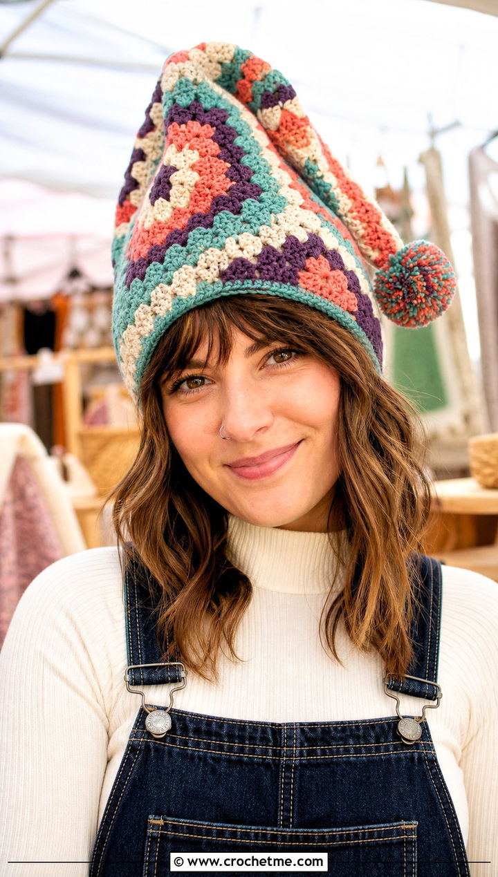 Granny Square Crochet Gnome Hat With Overalls - 15 Adult Crochet Gnome Hat outfit ideas