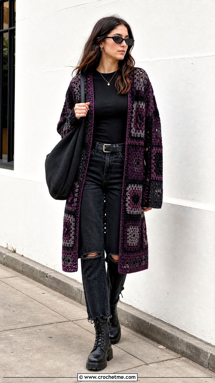 Granny Square Crochet Goth Cardigan With Ripped Jeans - 35 Crochet Goth Clothes and outfit ideas