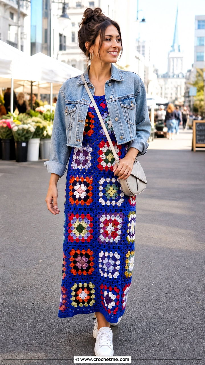 Granny Square Crochet Gown With Denim Jacket - 35 crochet gown outfit ideas