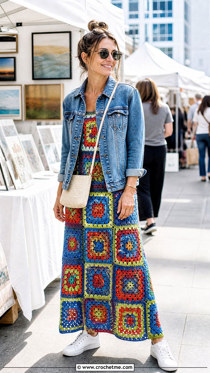 Granny Square Crochet Gown With Denim Jacket - 35 crochet gown for ladies outfit ideas