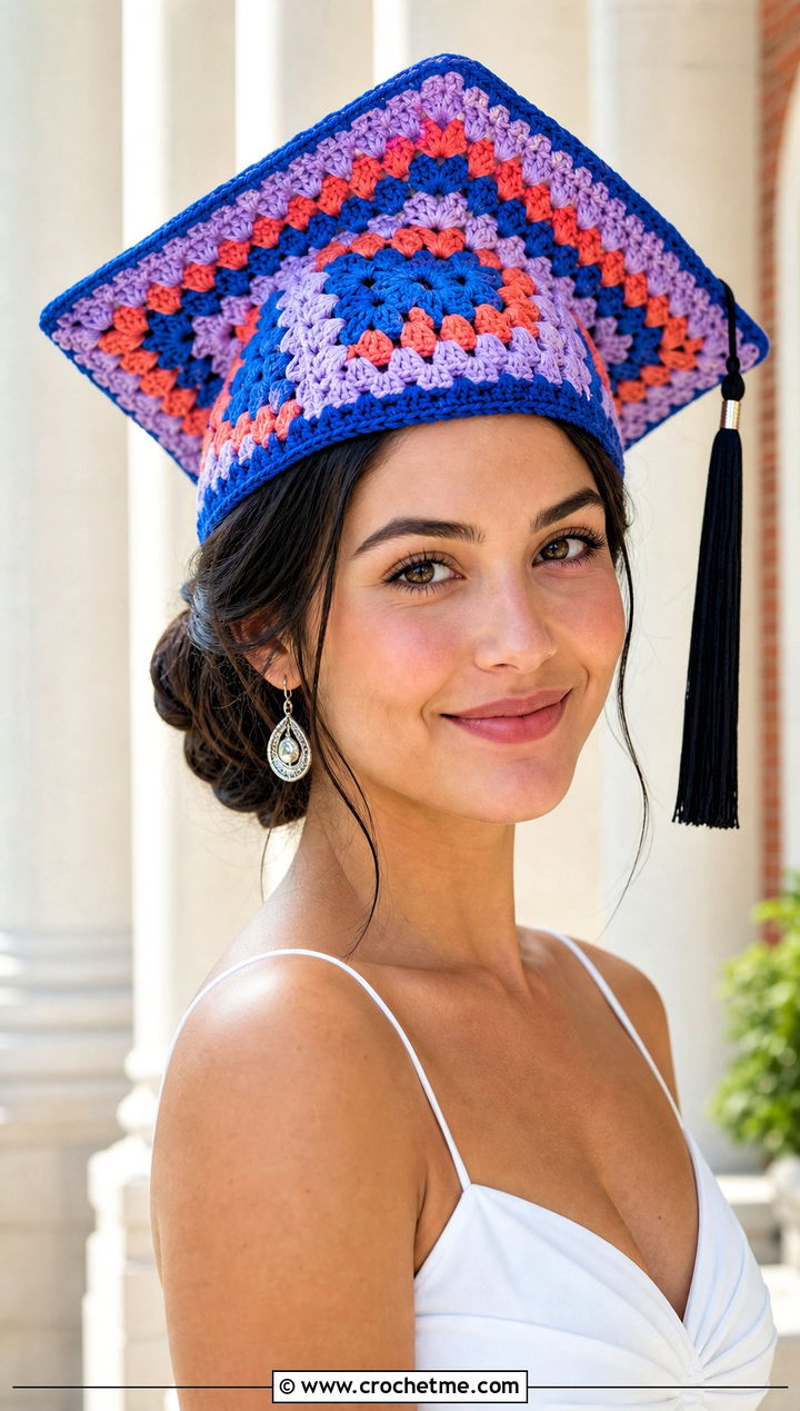 Granny Square Crochet Graduation Cap Cover With White Midi Dress - 30 crochet graduation cap cover outfit ideas