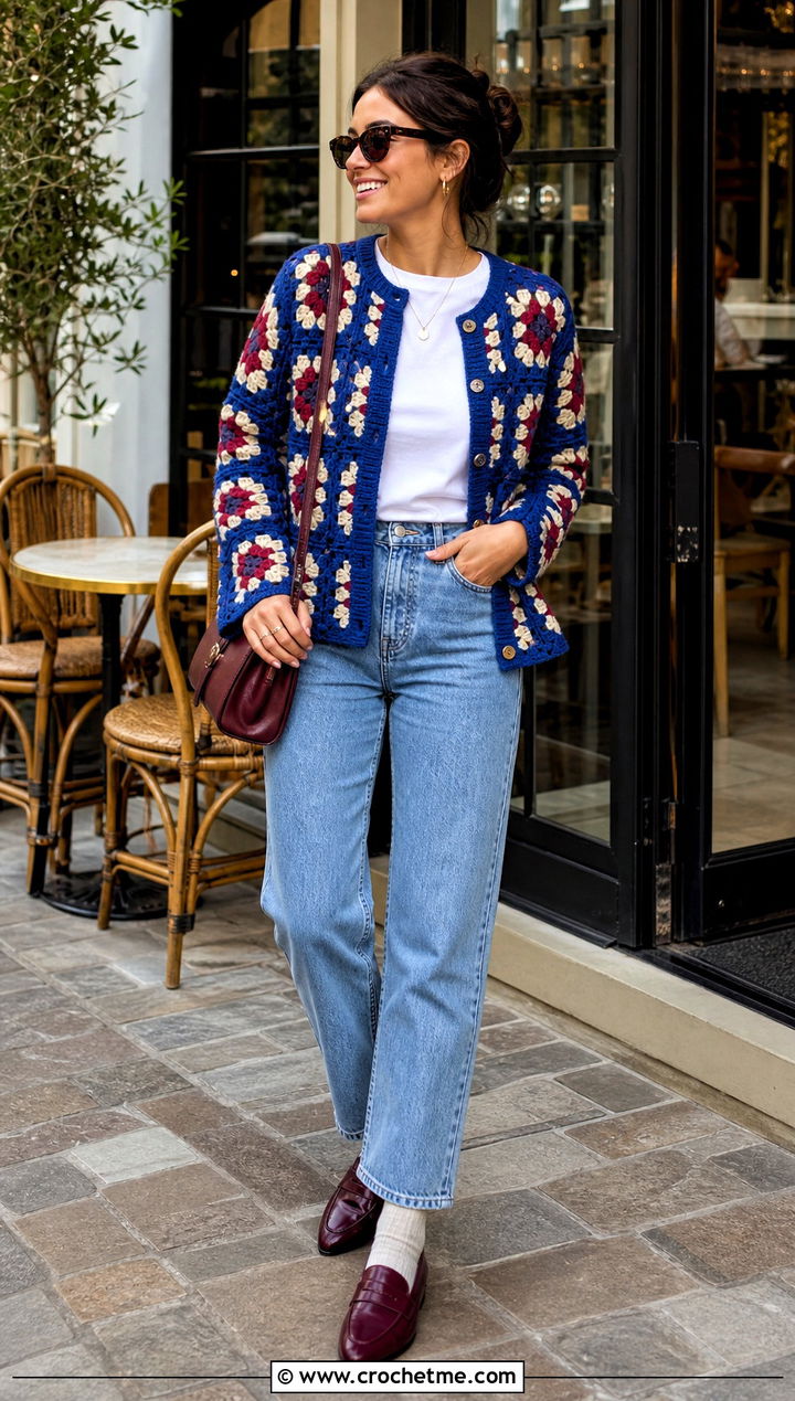 Granny Square Crochet Grandpa Sweater With Straight Leg Jeans - 25 Crochet Grandpa Sweater outfit ideas