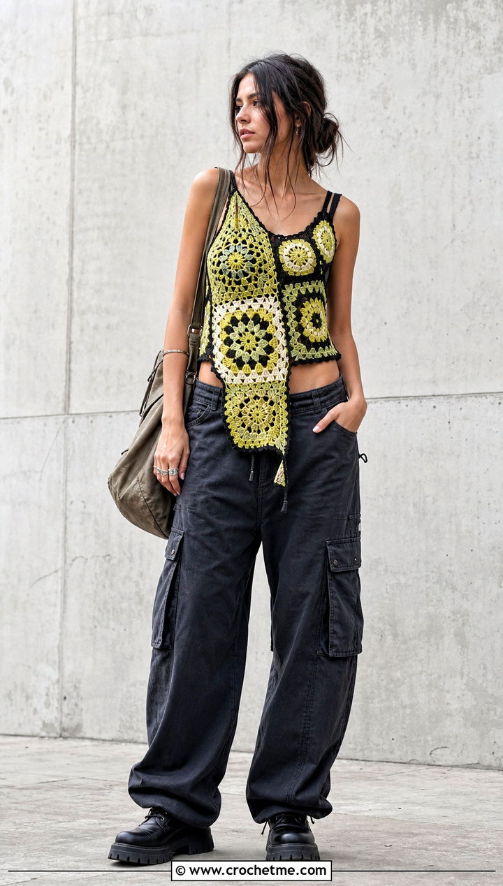 Granny Square Crochet Grunge Top With Cargo Pants - 30 crochet grunge top outfit ideas