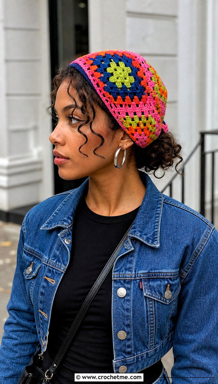 Granny Square Crochet Hair Cap With Denim Jacket - 15 crochet hair cap outfit ideas