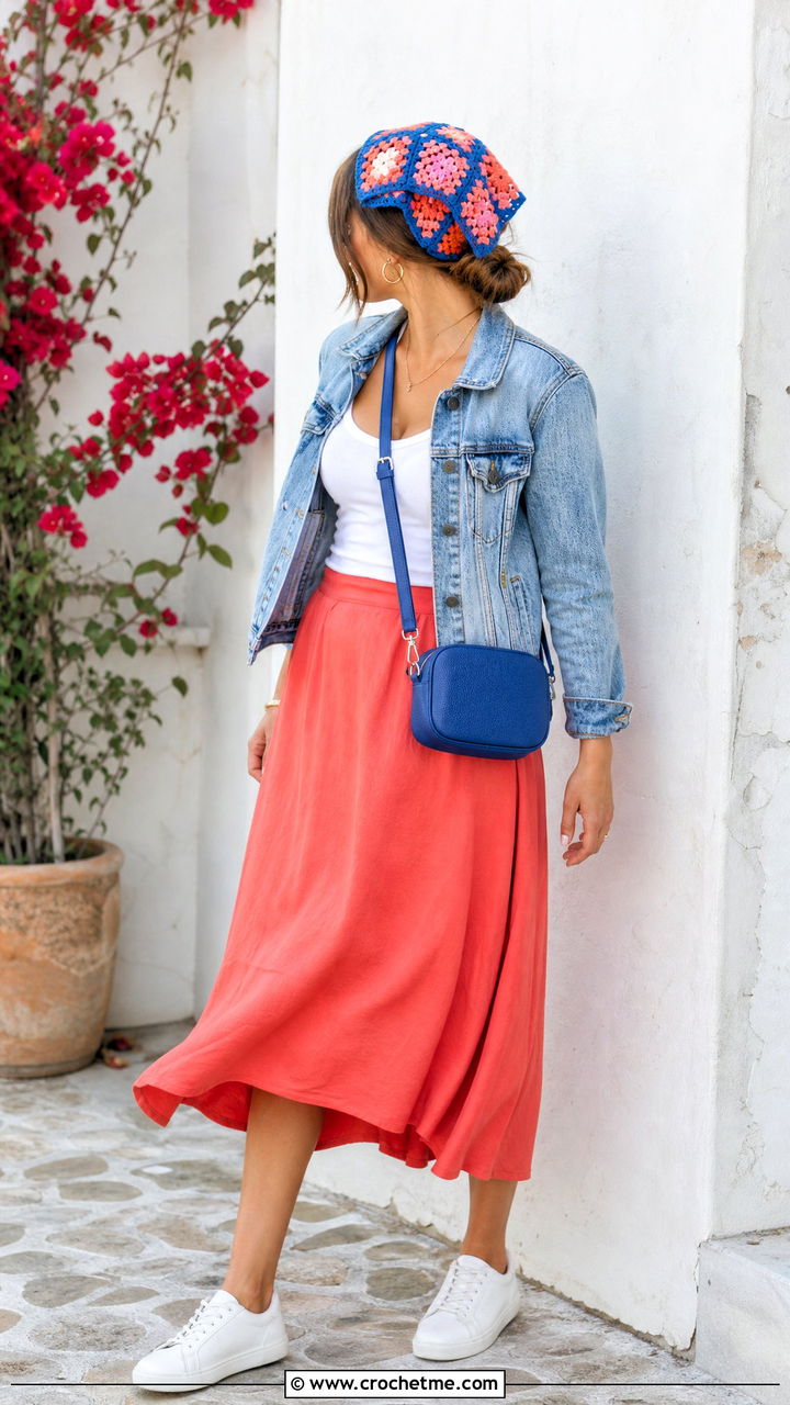 Granny Square Crochet Hair Scarf With Denim Jacket And Skirt - 35 crochet hair scarf outfit ideas