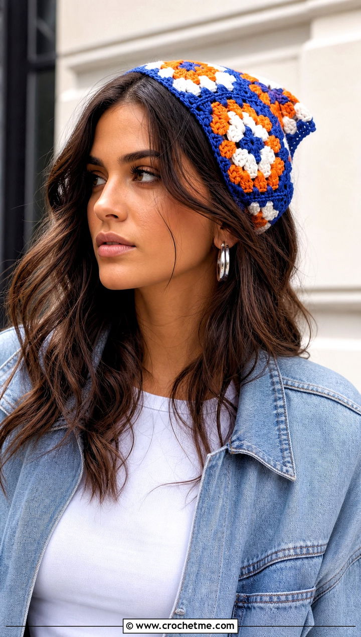 Granny Square Crochet Hair Scarf With Denim Jacket - 15 Crochet Hair Scarf Ideas
