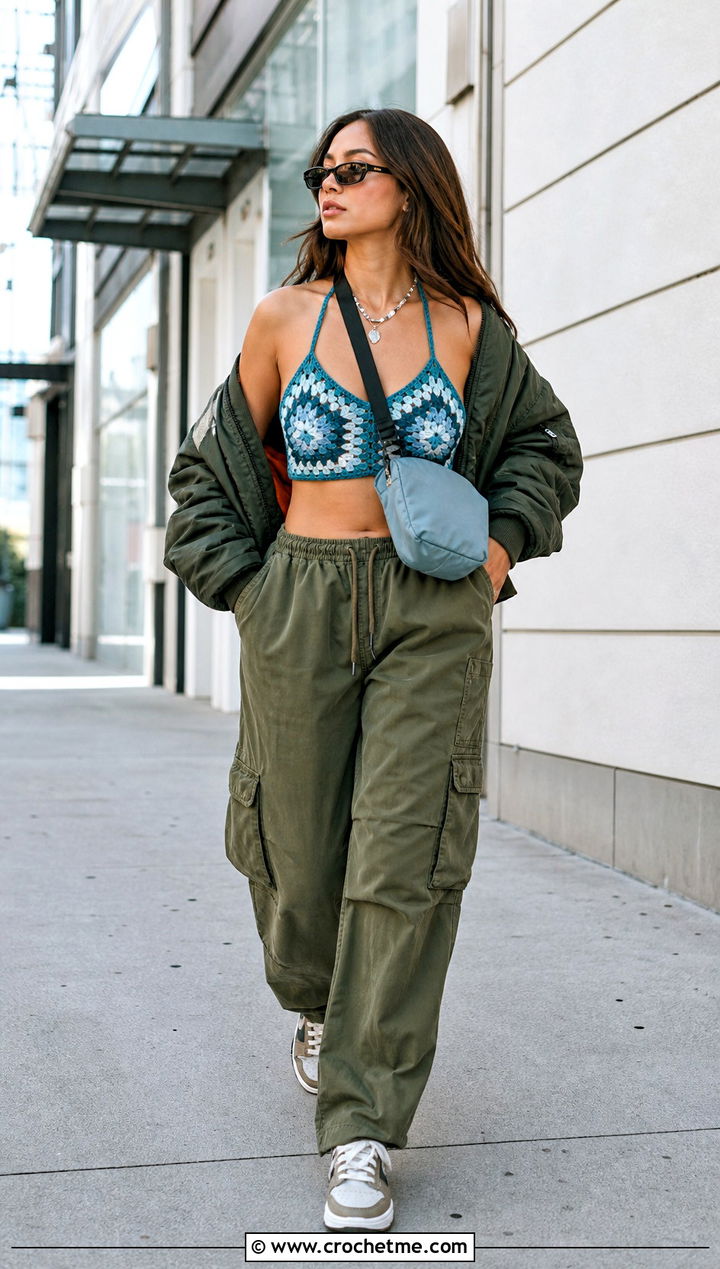 Granny Square Crochet Halter Bralette With Cargo Pants - 15 Crochet Halter Bralette outfit ideas