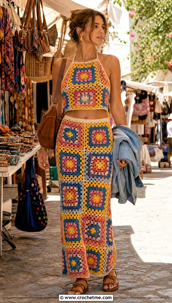 Granny Square Crochet Halter Top And Maxi Skirt Set - 30 crochet top and bottom set outfit ideas