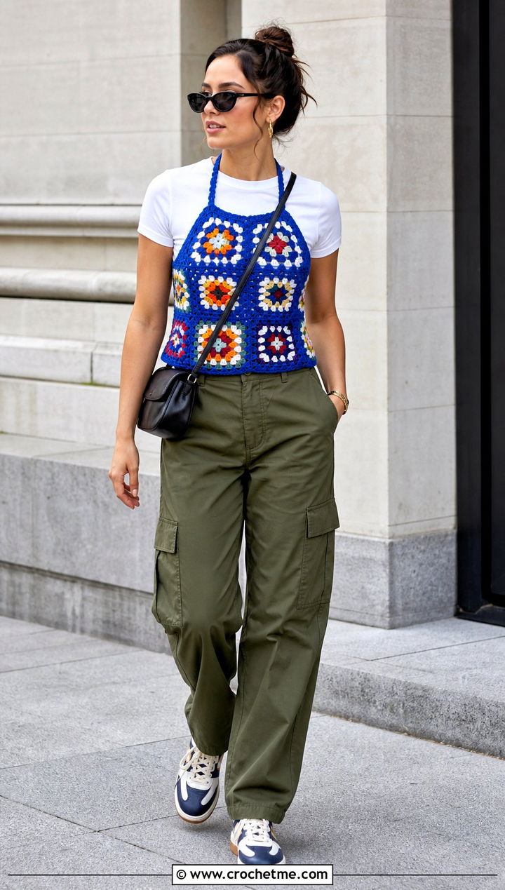 Granny Square Crochet Halter Top Over A Fitted T Shirt - 30 Crochet Top Layering Outfit ideas