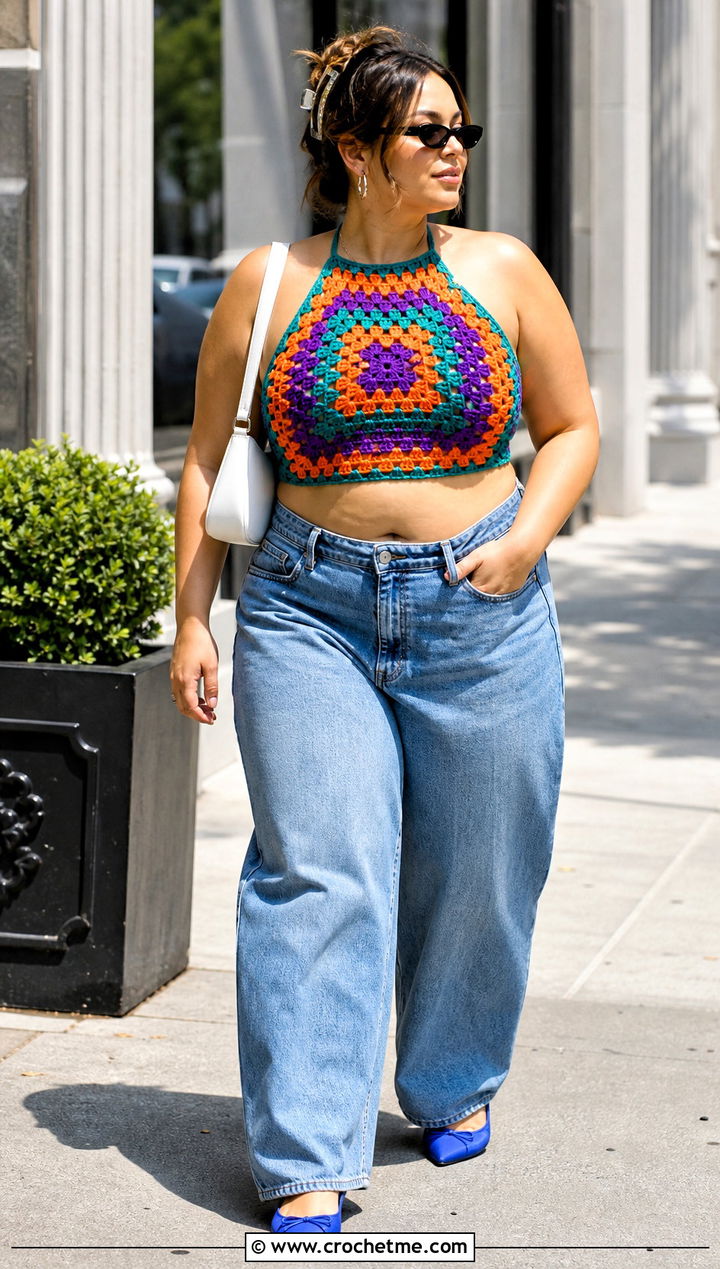 Granny Square Crochet Halter Top With Baggy Jeans - 15 Crochet Halter Top Outfit Inspiration outfit ideas