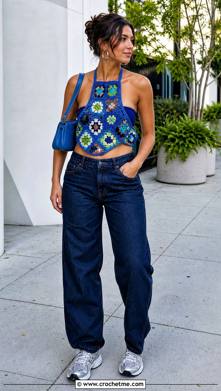 Granny Square Crochet Halter Top With Barrel Jeans - 30 unique crochet top outfit ideas