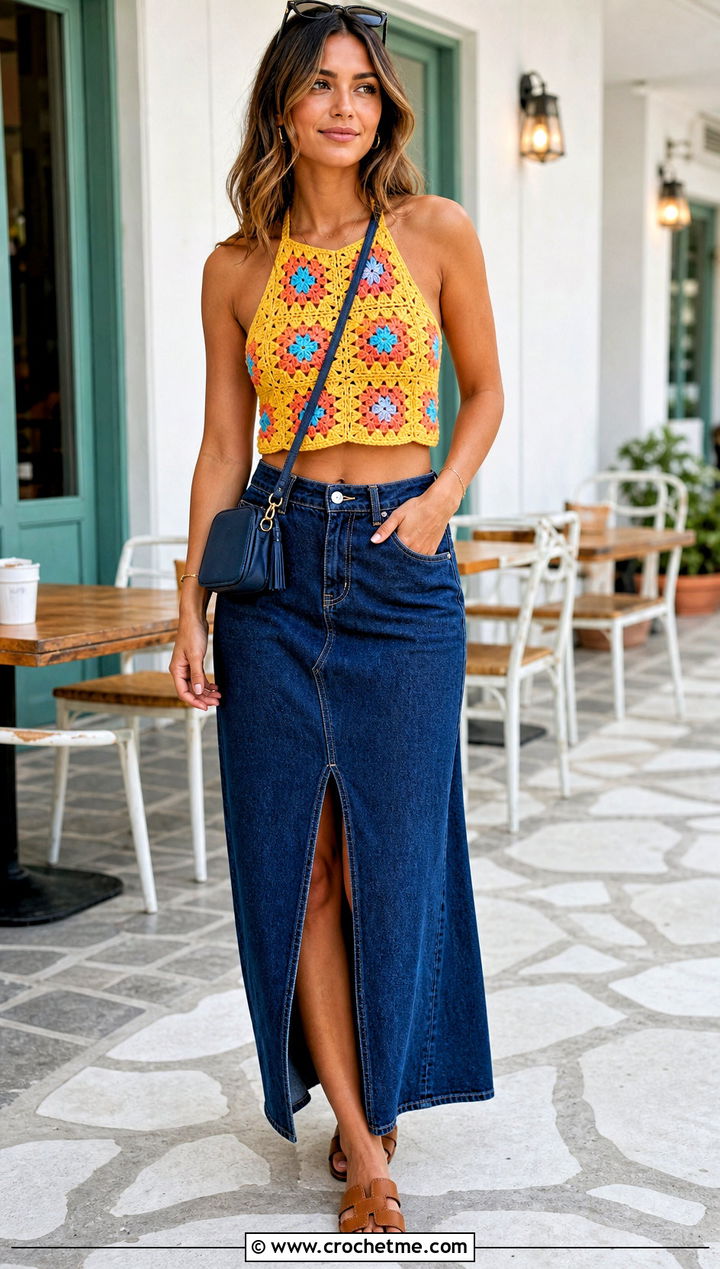 Granny Square Crochet Halter Top With Denim Maxi Skirt - 35 crochet halter tops outfit ideas
