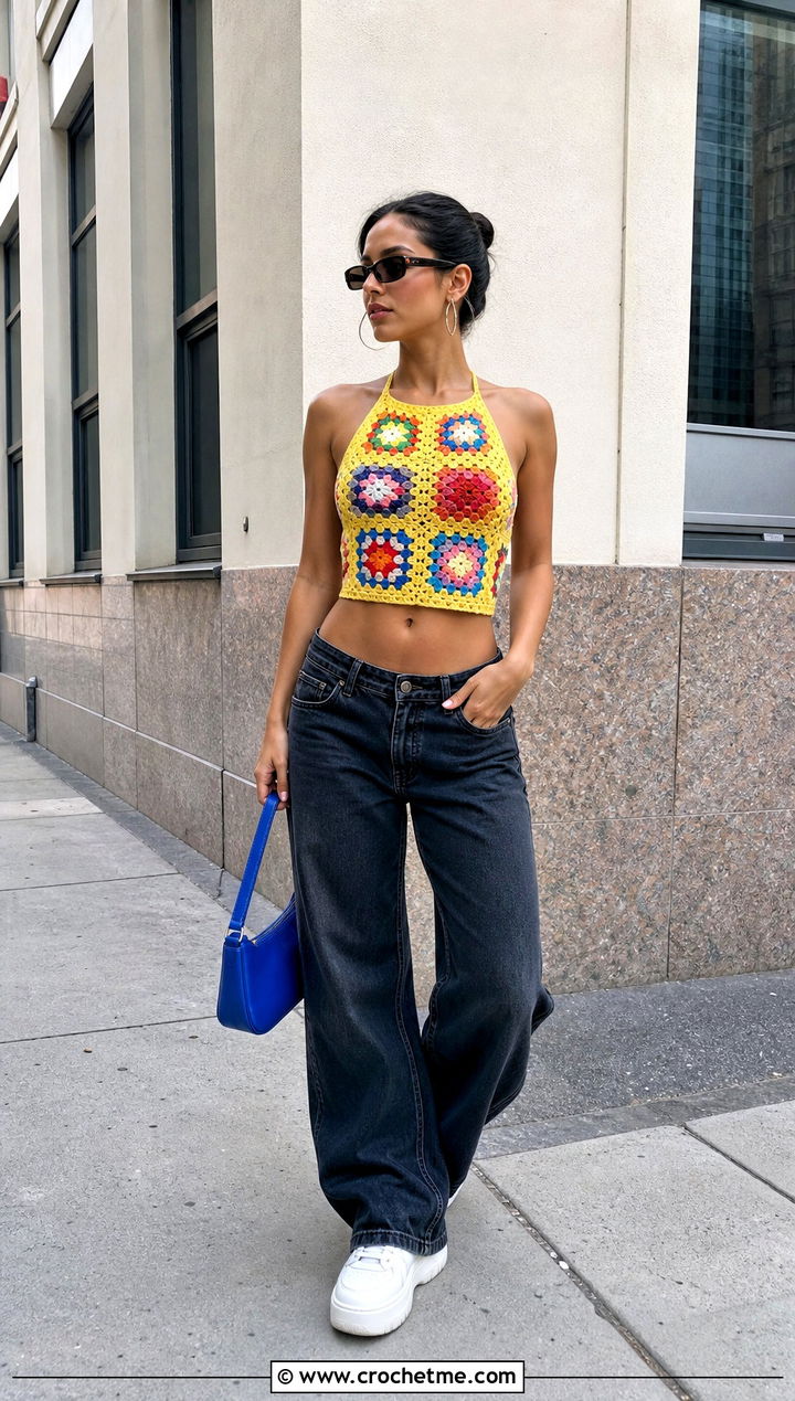 Granny Square Crochet Halter Top With Low Rise Jeans - 20 Crochet Top Y2K Outfit ideas