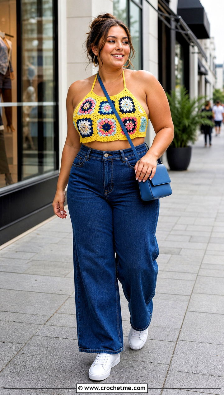 Granny Square Crochet Halter Top With Wide Leg Jeans - 35 easy crochet halter top outfit ideas