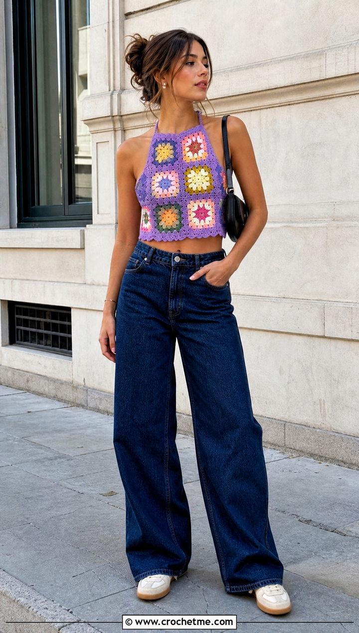 Granny Square Crochet Halter Top With Wide Leg Jeans - 20 Simple Crochet Halter Top outfit ideas