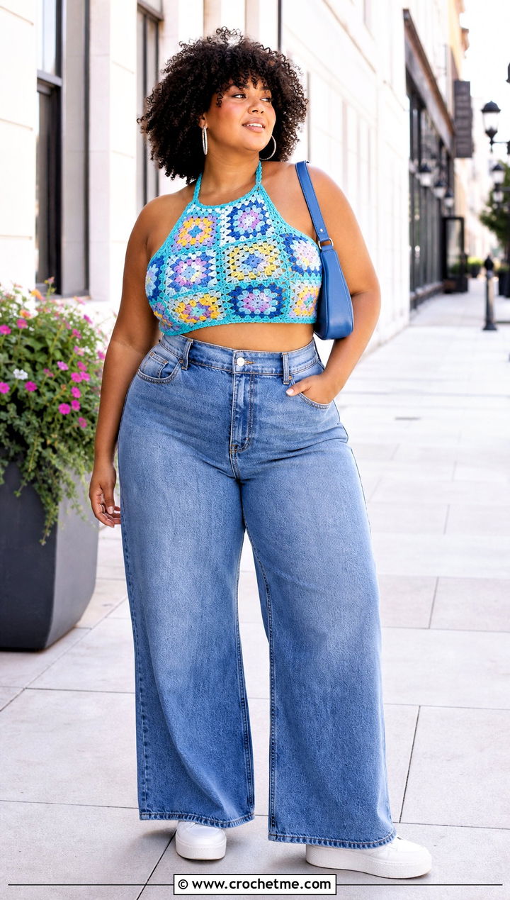Granny Square Crochet Halter Top With Wide Leg Jeans - 30 plus size crochet halter top outfit ideas