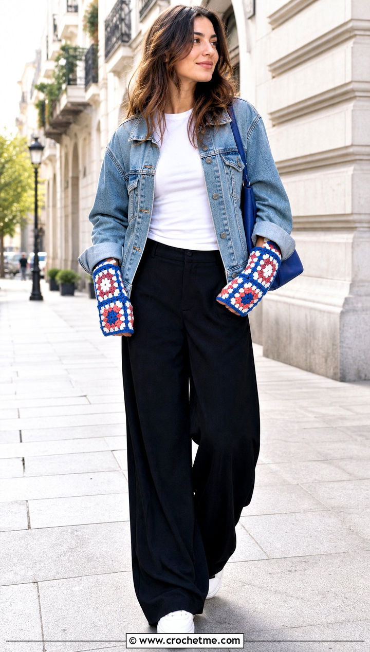 Granny Square Crochet Hand Warmers With Denim Jacket - 35 crochet hand warmer outfit ideas