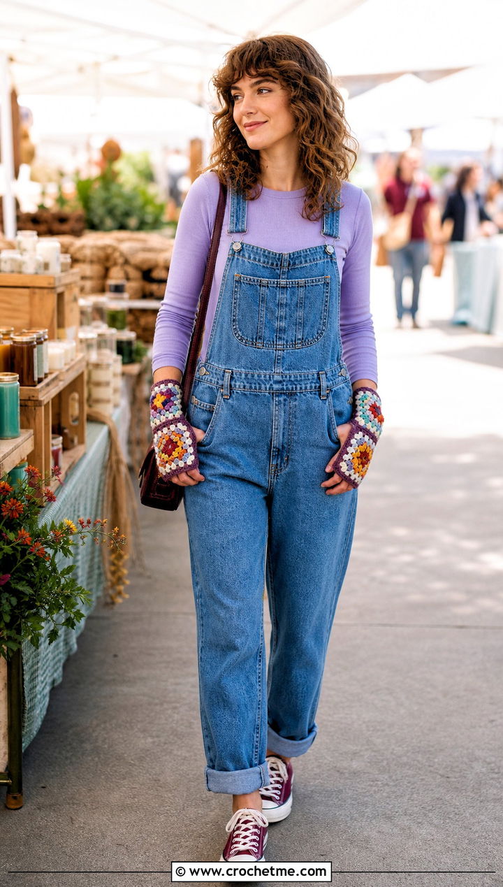 Granny Square Crochet Handwarmers With Denim Overalls - 35 crochet handwarmers outfit ideas
