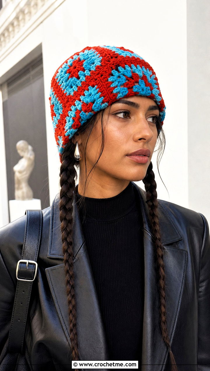 Granny Square Crochet Hat With Braids And Leather Jacket - 30 crochet hat with braids outfit ideas