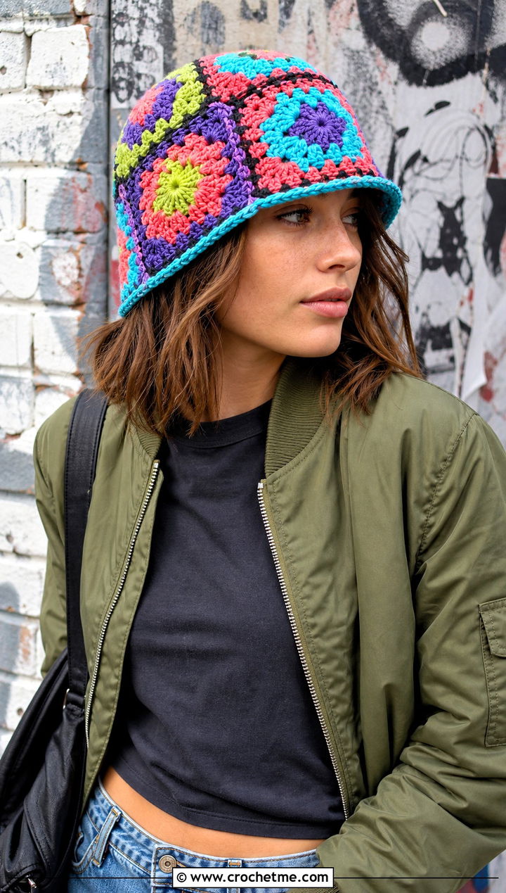 Granny Square Crochet Hat With Cargo Pants Outfit - 20 Easy Crochet Womens Hat outfit ideas