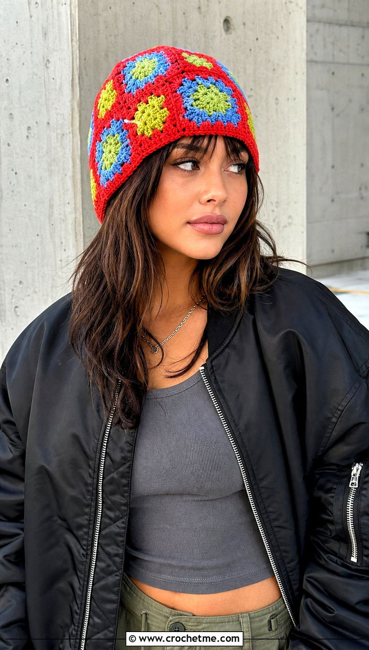 Granny Square Crochet Hat With Cargo Pants - 15 Crochet Hats All Sizes outfit ideas