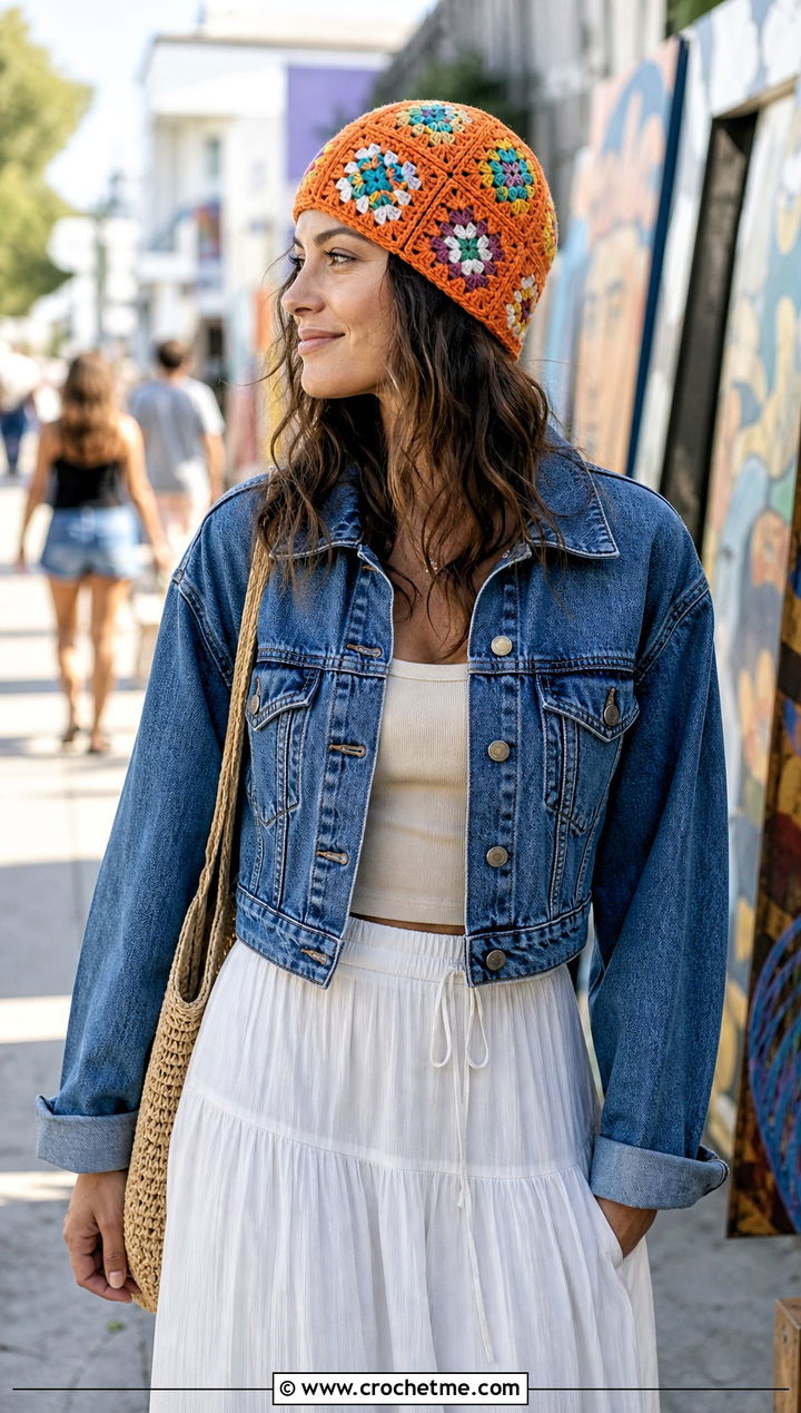 Granny Square Crochet Hat With Denim Jacket - 20 Kawaii Crochet Hat outfit ideas