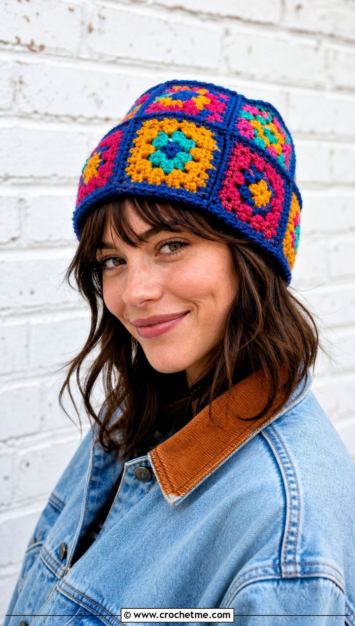Granny Square Crochet Hat With Denim Jacket And Corduroy Pants - 25 winter crochet hat for women outfit ideas