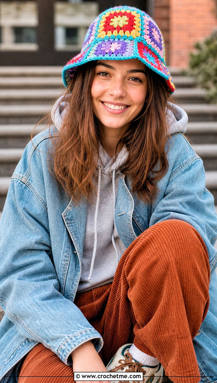 Granny Square Crochet Hat With Denim Jacket And Corduroy Pants - 30 easy crochet winter hat outfit ideas