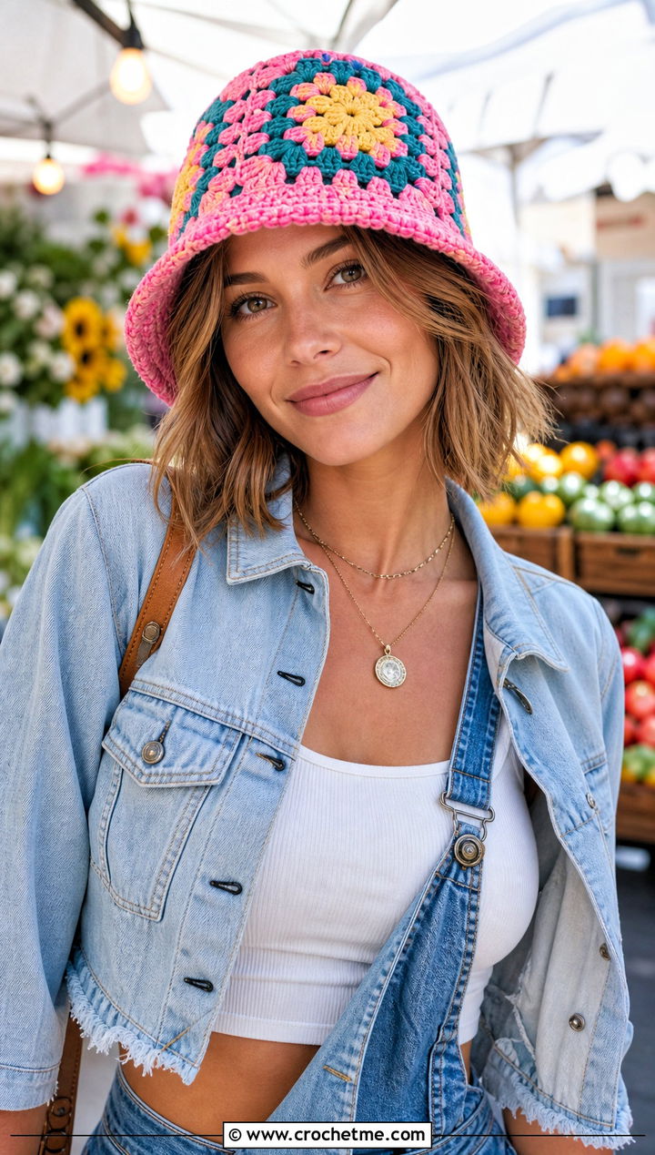 Granny Square Crochet Hat With Denim Jacket and Overalls - 15 Crocheted Womens Hats outfit ideas
