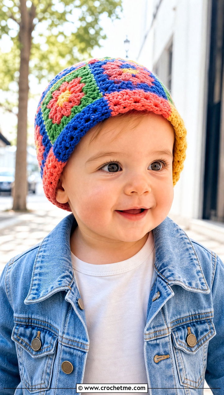 Granny Square Crochet Hat With Denim Jacket - 15 12 Month Crochet Hat outfit ideas