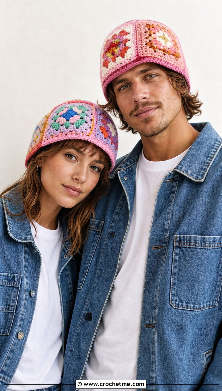 Granny Square Crochet Hats With Denim Jackets - 15 Couples Crochet Hats outfit ideas