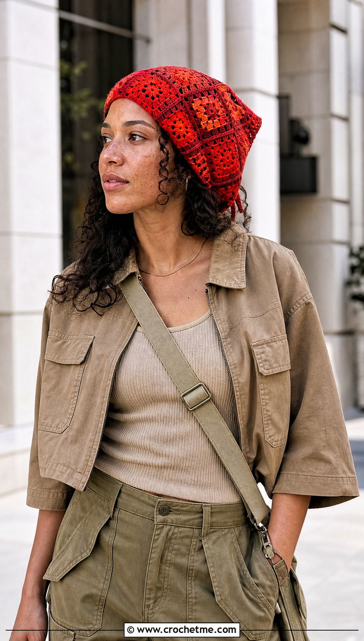 Granny Square Crochet Head Wrap With Cargo Pants - 15 crochet head wraps outfit ideas