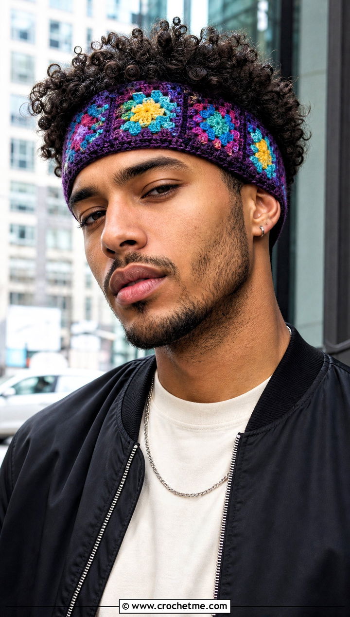 Granny Square Crochet Headband With Bomber Jacket - 25 men's crochet headband outfit ideas