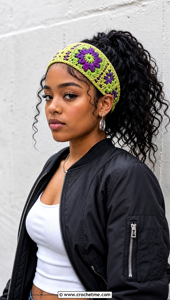 Granny Square Crochet Headband With Cargo Pants Outfit - 15 crochet headband with purple flower outfit ideas