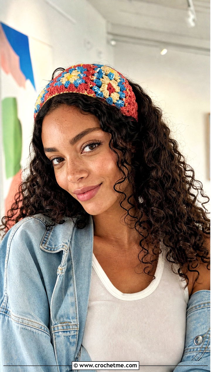 Granny Square Crochet Headband With Denim Jacket - 30 crochet headband curly hair outfit ideas